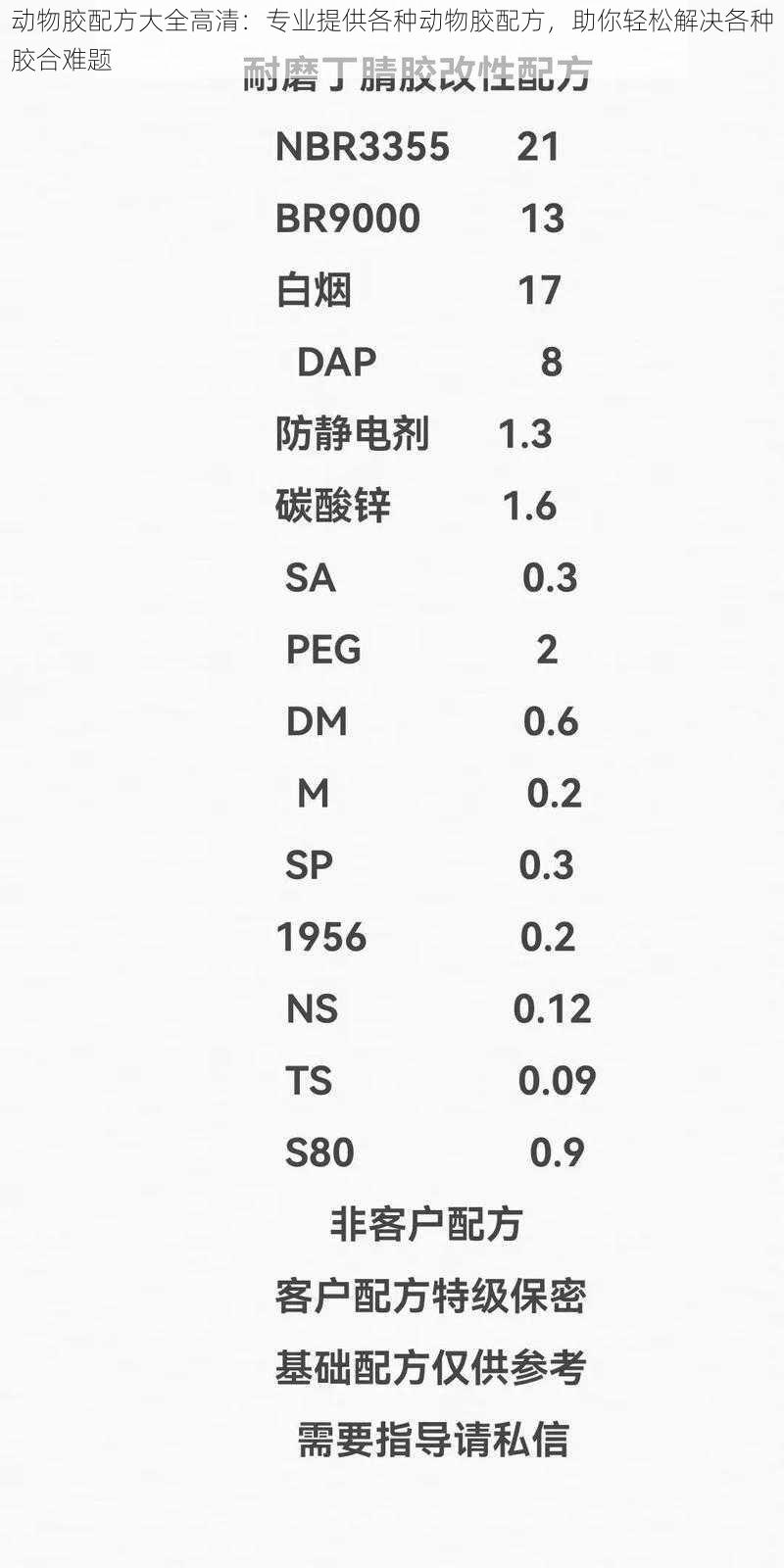 动物胶配方大全高清：专业提供各种动物胶配方，助你轻松解决各种胶合难题