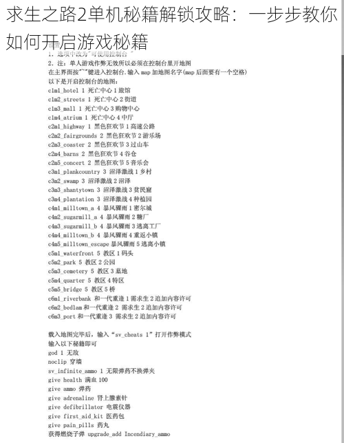 求生之路2单机秘籍解锁攻略：一步步教你如何开启游戏秘籍